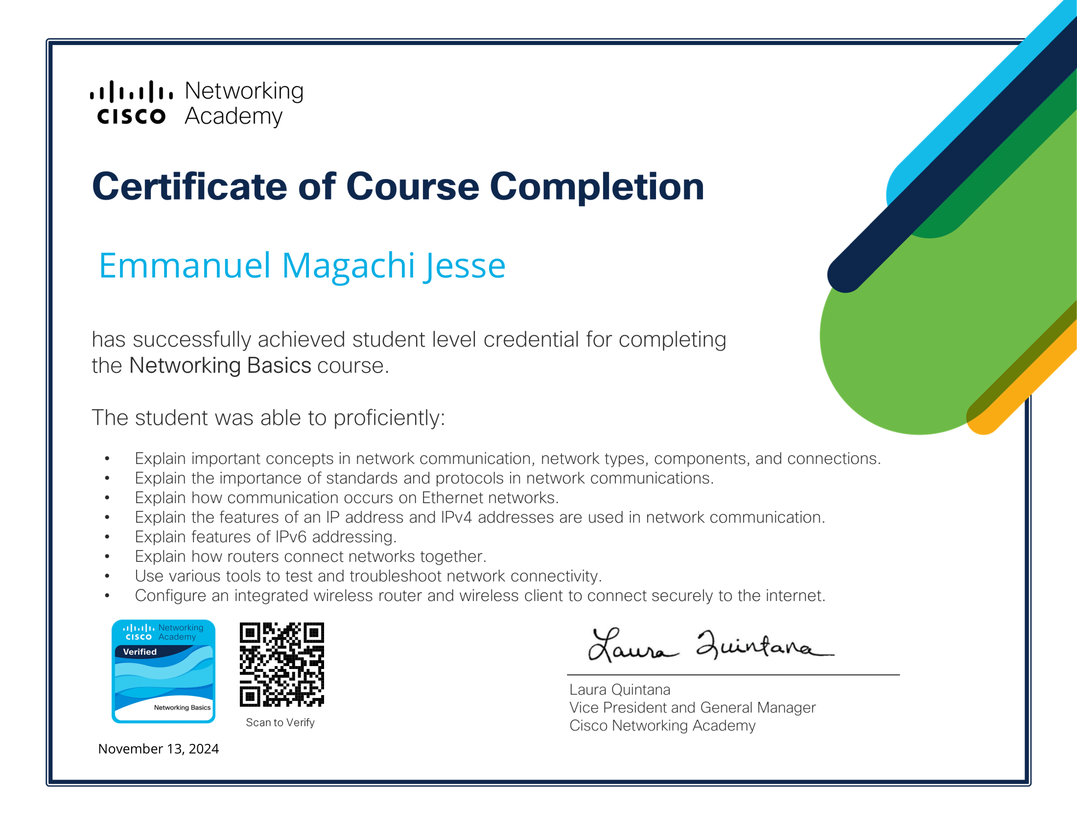 Cisco Networking Basics certificate